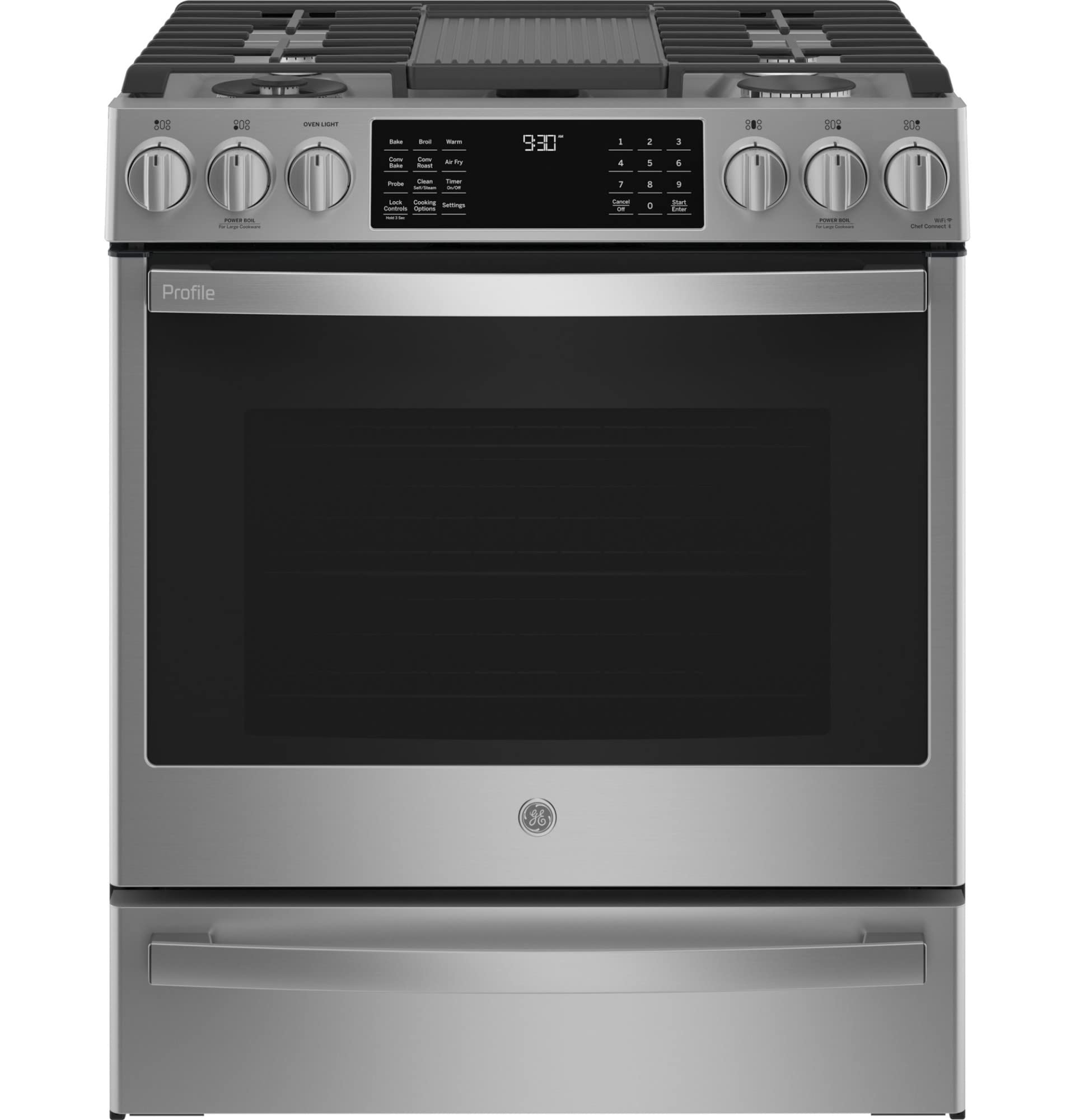 GE Profile 30" 5‑Burner Smart Slide‑In Gas Range, Fingerprint‑Resistant Stainles
