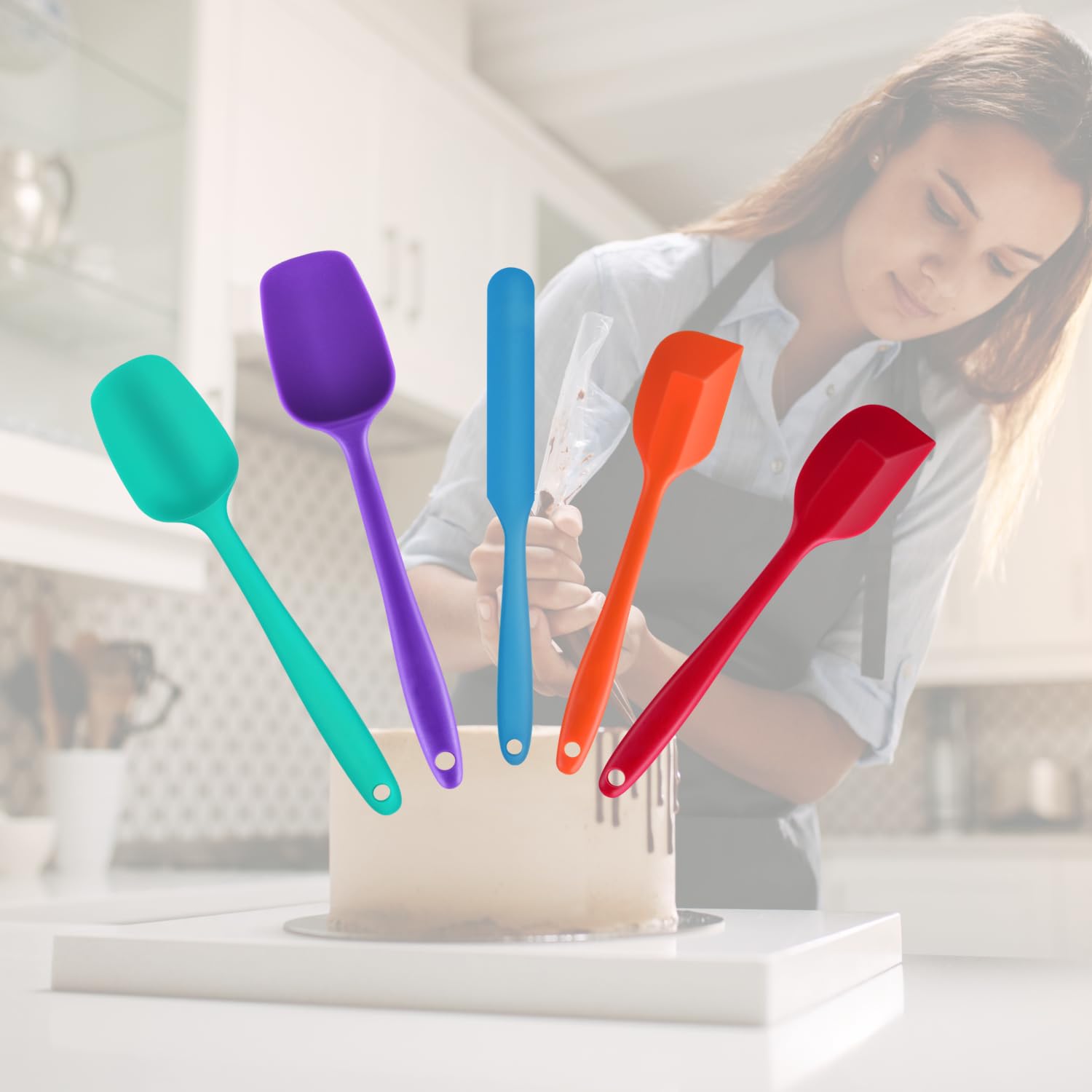 Silicone Spatula Set of 5 - Heat Resistant Baking, Cooking, Mixing Tools, Seamle
