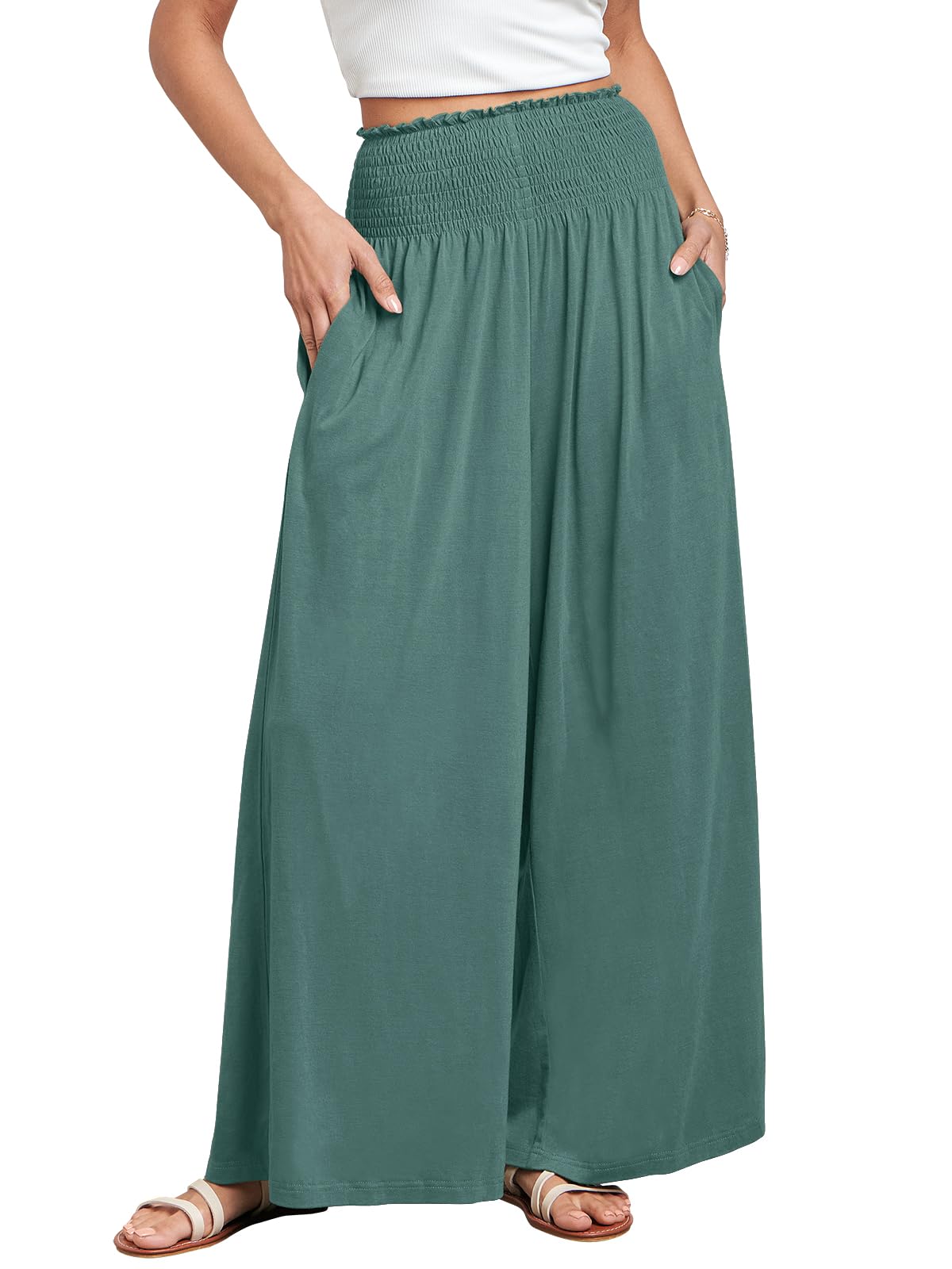 ANRABESS Women Palazzo Pants Summer Boho Wide Leg High Waist Casual Pocket Pants