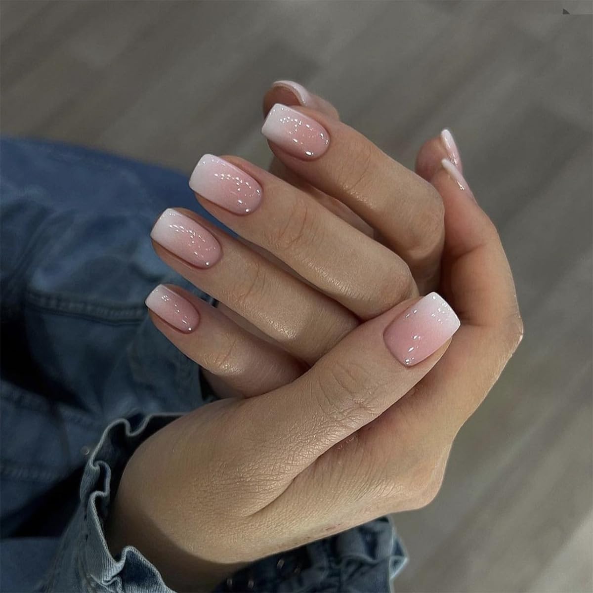Press on Nails Ombre Natural Pink Nude Gradient French Fake Nails Glossy False N