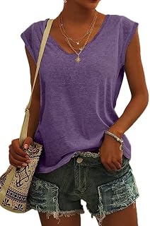ASKSA Women V Neck Cap Sleeve T-Shirt Summer Solid Color Tank Top Casual Loose Shirts Basic Tee Tops