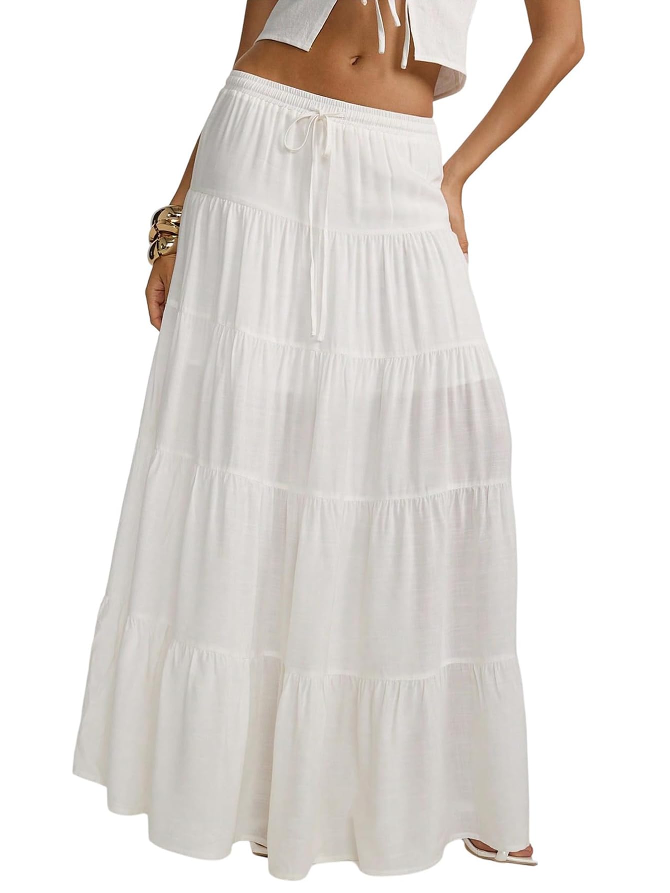 Women's Boho Maxi Skirt Ruffle Flowy Low Rise A Line Beach Long Skirts