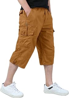 KEFITEVD 3/4 Casual Shorts for Man Elastic Waist Cotton Work Pants Outdoor Summer Cargo Shorts with Pockets