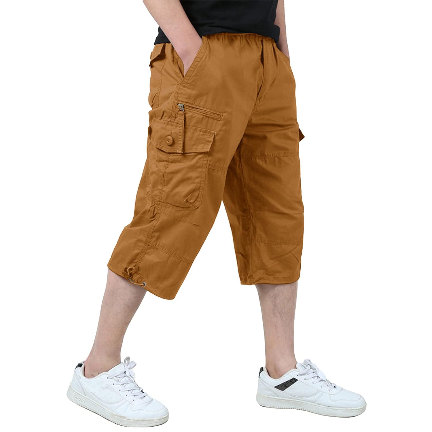 KEFITEVD 3/4 Casual Shorts for Man Elastic Waist Cotton Work Pants Outdoor Summe