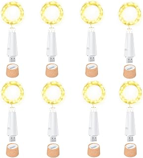 USB Bottle Lights Rechargeable Wine Bottle Fairy Lights Cork LED String Lights 20 LEDs Copper Wire for Table Party DIY Decor(Warm White, 8 Pack)