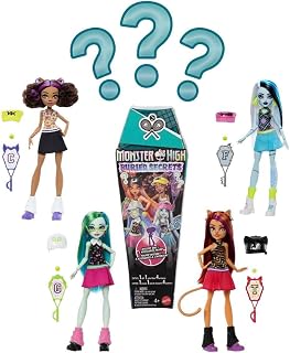 Monster High Buried Secrets Mystery Doll with Surprises, Courtside Fang-Out | Character may vary, mystery doll with tennis outfit + sarcophagus packaging + 5 surprise themed accessories, Ages 4+