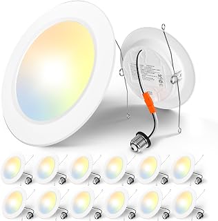 Amico Recessed Lighting 5/6 Inch, 12 Pack 5CCT Flat LED Can Lights, White | Flat Trim, Dimmable, 12W=110W, 1050LM, 2700K/3000K/4000K/5000K/6000K Selectable, Easy Install, IC & Damp Rated, ETL & FCC