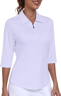 MoFiz Polo Shirt 3/4 Sleeve for Women Golf Shirt with Zipper Clothing Golf Women Breathable Quick Dry Sports Shirts with Half Three Quarter Sleeves for Golf and Tennis XS-2XL