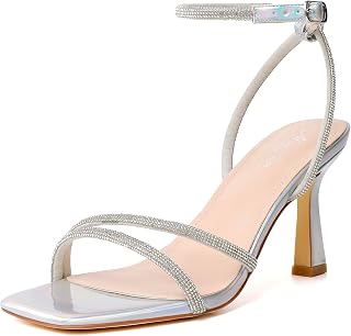 Mostrin Womens Sandals Strappy Heels for Women Ankle Strap Lace Up Heels Square Open Toe Heels Tie Up Stiletto High Heeled Sandals for Prom, Party, Daily Wear