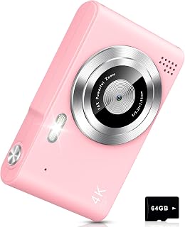 Digital Camera UHD 4K with 64G Card 16X Zoom Light & Easy for Kids, Pink | Child-friendly drop-proof shell 2.4" IPS screen & lanyard digital camera Ideal pocket camera for boys & girls photo beginners