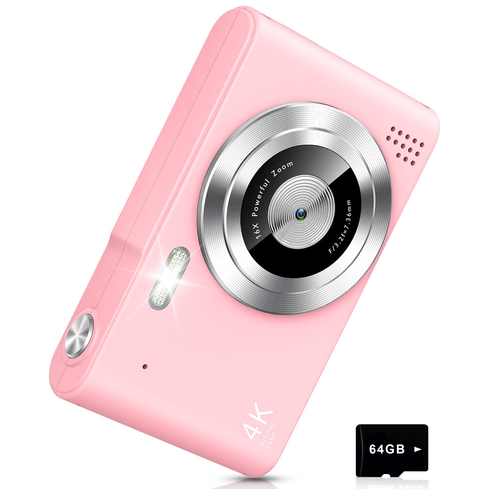 Digital Camera UHD 4K with 64G Card 16X Zoom Light & Easy for Kids, Pink | Child