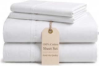 100% Cotton Queen Sheet Set, 4 Piece, White, Queen White Sheets