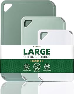 THETCHRY Plastic Cutting Board Set of 3-Cutting Boards for Kitchen BPA Free | Large-Small Chopping Boards, Non-Slip for Cooking, Dishwasher Safe, Camping, Portable, with Grip Handle, Sage Green