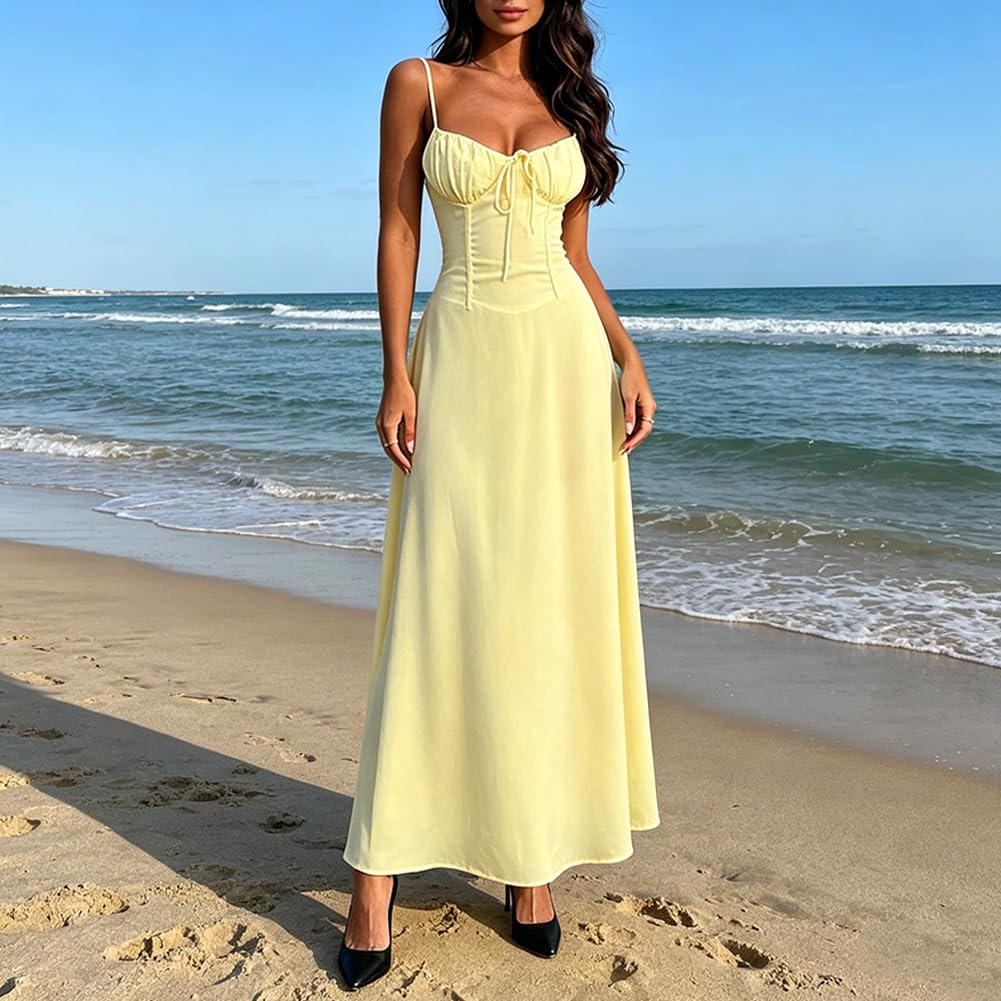 Womens Solid Tie Strap Midi Dress Slim Fit Sexy Cami Dress S-3XL