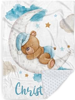 Personalized Baby Blanket for Boys, Custom Baby Blanket with Name, Soft Flannel with Double Layer Dotted Backing, Receiving Swaddle Blanket Suitable for Infants and Toddler, Blue Moon Bear(47”x60)