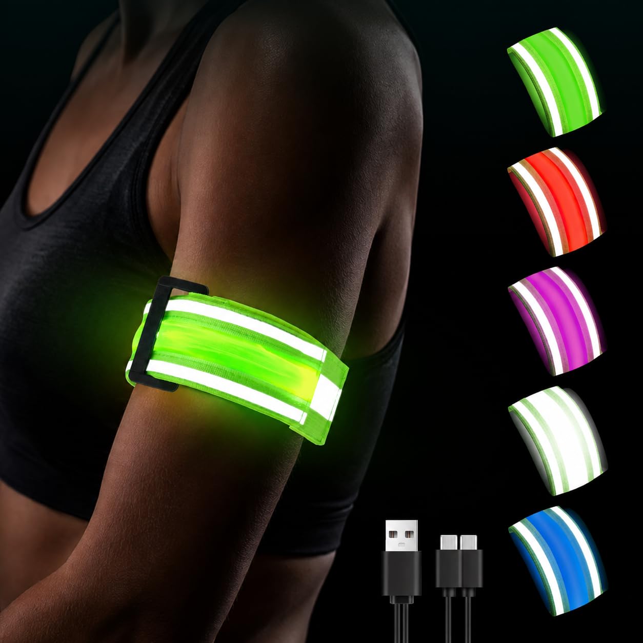 Fitense LED Reflective Arm Bands 2 Pack, Adjustable Running Light 11 Modes | 100