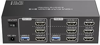 HDMI KVM Switch 3 Monitors 2 Computers 4K@60Hz KVM Switches with 4 USB 3.0 Ports for 2 Computers Sharing Triple Monitor and 4 USB Devices Support Extended & Copy Mode with 2 USB Cables
