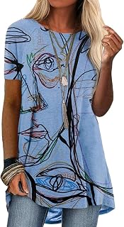 ORANDESIGNE Women's Short Sleeve Round Neck Summer Loose T-Shirts Basic T-Shirts Women Long Summer Casual Geometric Print Blouse Shirt Elegant Top