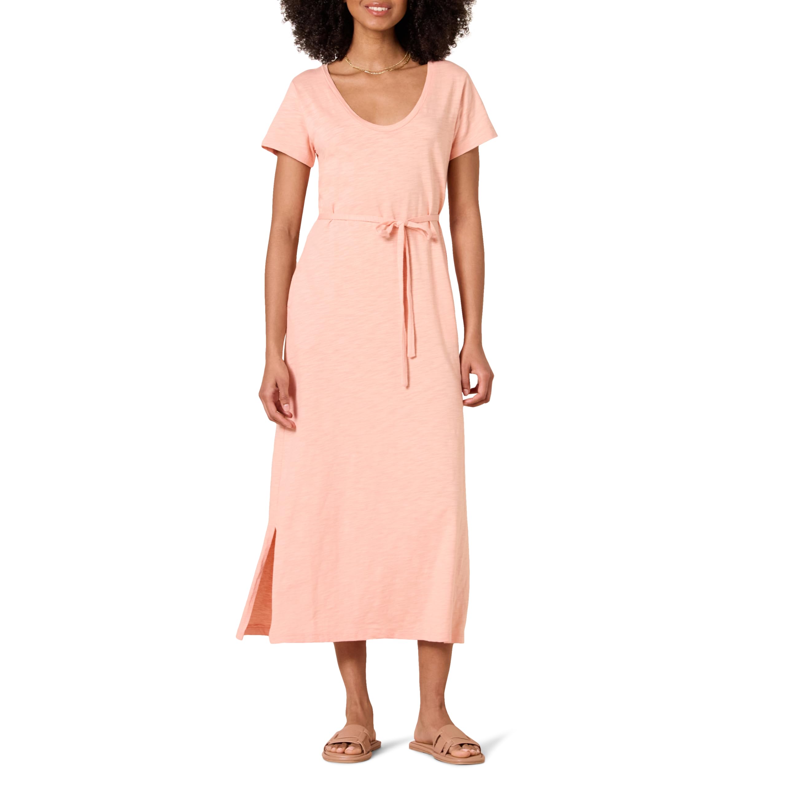 Amazon Essentials Women's Short Sleeve Belted Midi T-Shirt Dress, Flattering Reg