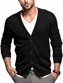 QUALFORT Men's Cardigan with Pockets Button Down Casual Slim Fit V-Neck 100% Cotton