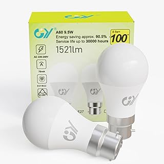 GY Bayonet Light Bulbs Cool White 6500K B22 LED Bulbs,9.5W 1521 Lumen Ultra Bright Energy Saving 100W Equivalent,Non-dimmable,2-Pack