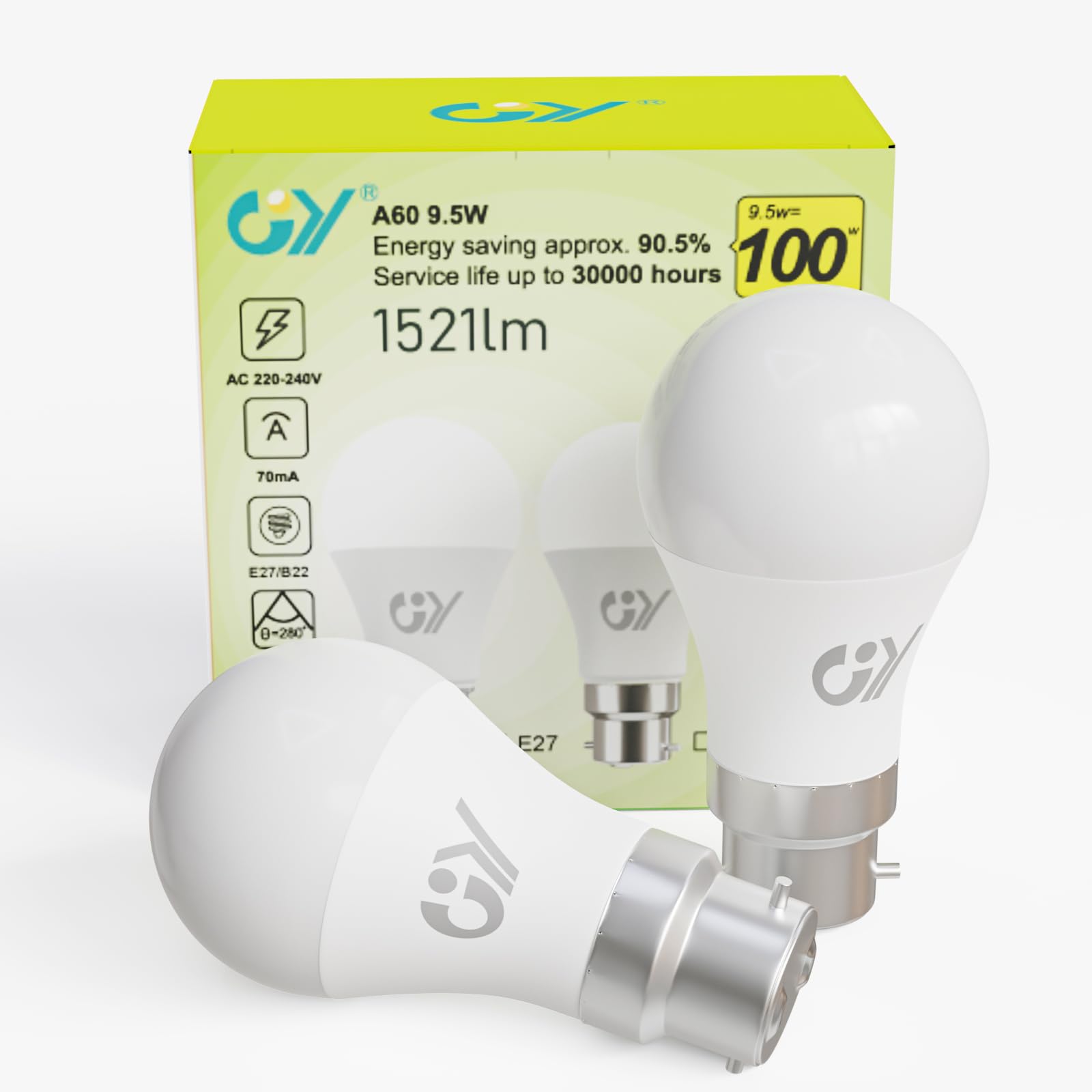 GY Bayonet Light Bulbs Cool White 6500K B22 LED Bulbs,9.5W 1521 Lumen Ultra Brig