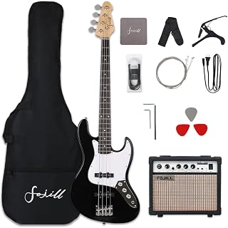 Fojill Full Size 4 Four String Electric Bass Guitar 20W Watt Amplifier Amp Right Hand Beginner Starter Kit Set Combo Bundle Accessory Gig Bag,Strap,Picks,Capo,Noiselss Cable,Strings (Black)