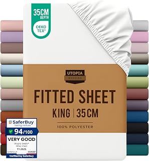 Utopia Bedding King Size Fitted Sheet, White, Deep Pocket 35cm (14")