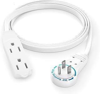 Maximm 3 Ft UL Certified 360° Rotating Flat Plug Extension Cord, 3 Outlets | UL Certified white extension cord with 16 gauge flat wire, grounded 3-prong plug, and multiple outlets for indoor use.
