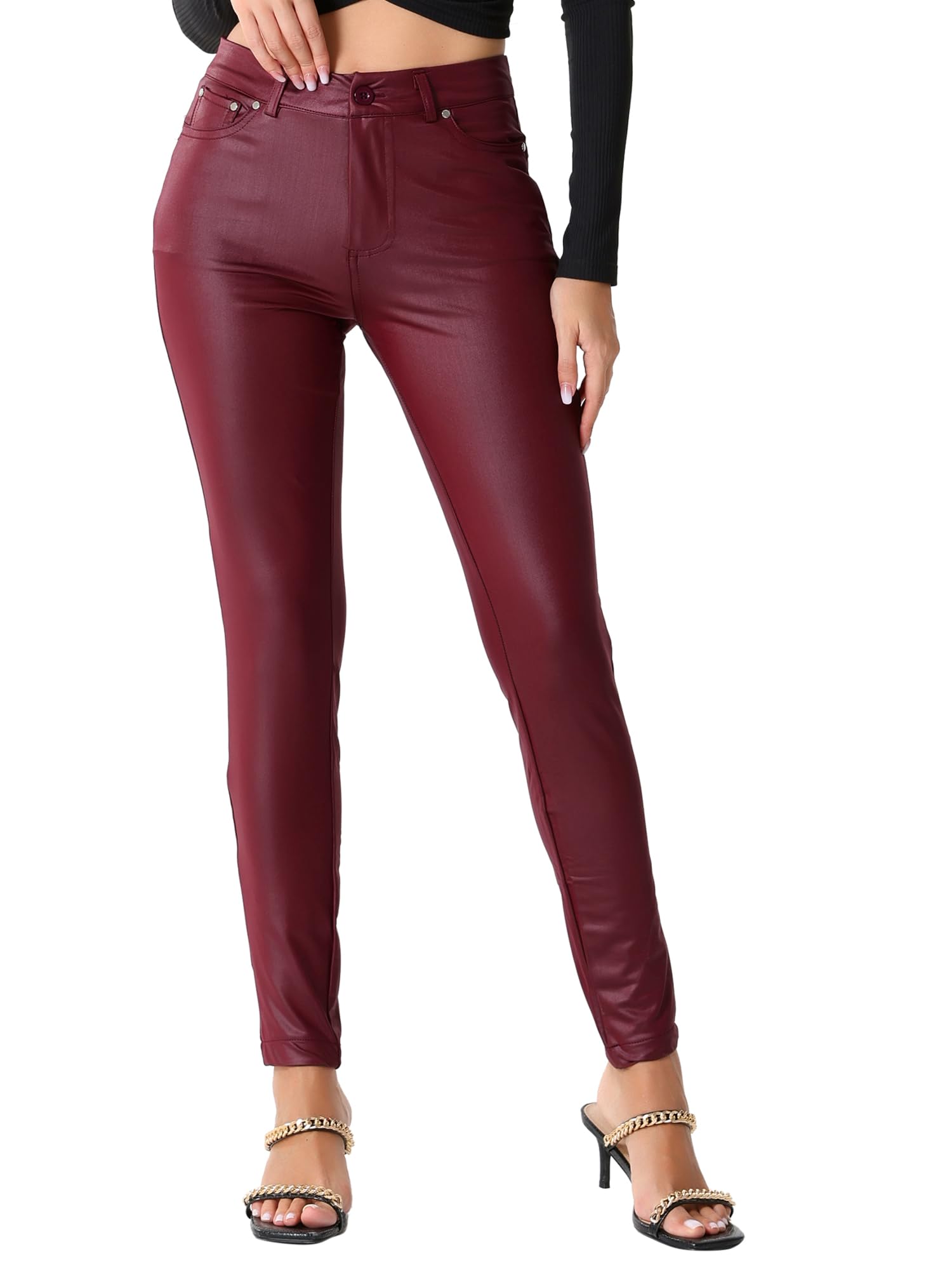 Allegra K Women Faux Leather High Waist Stretch Leggings with Pockets