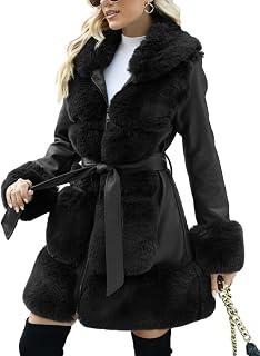 Bellivera Faux Fur Jacket Women Furry Trim Thicken Belted Parka