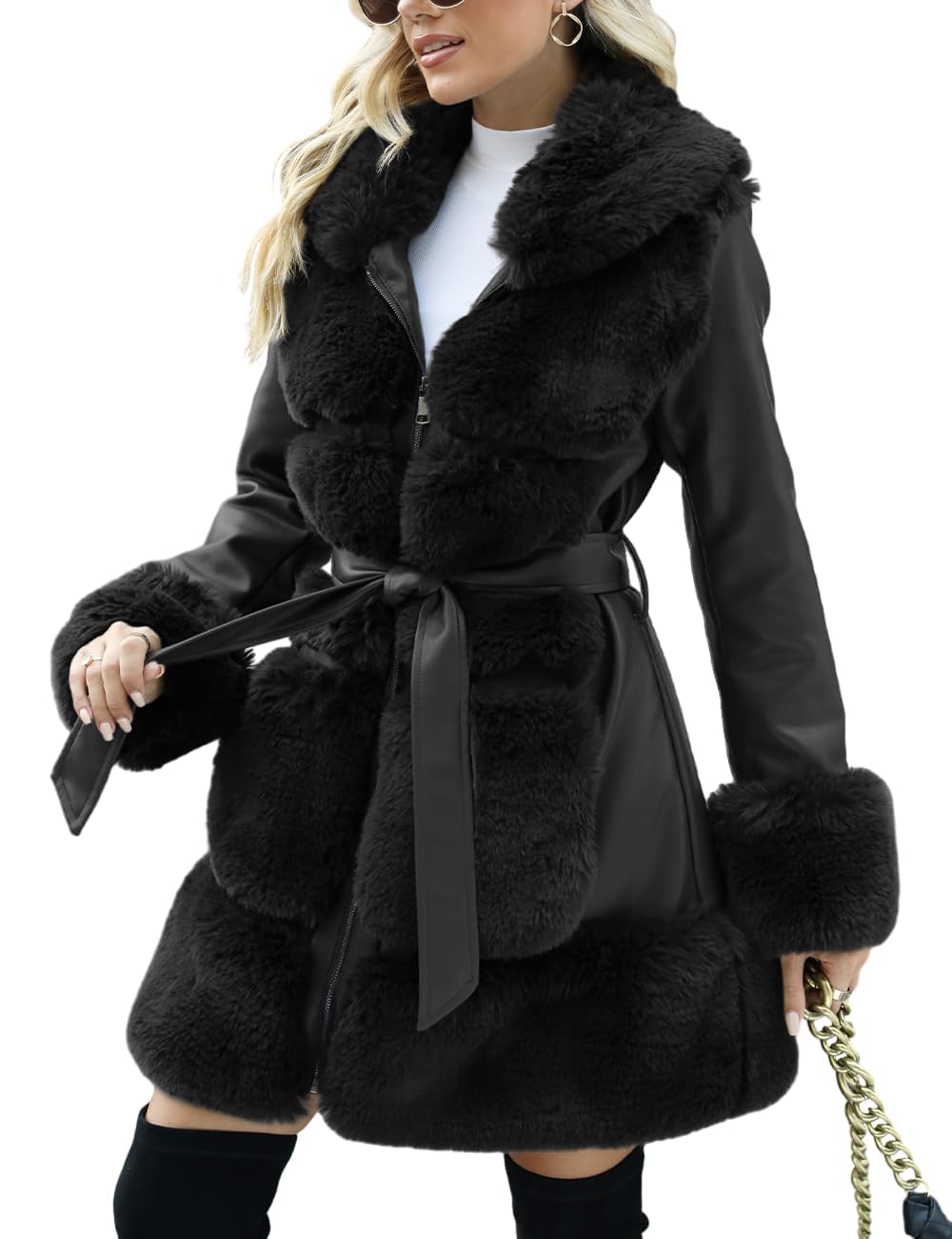 Bellivera Faux Fur Jacket Women Furry Trim Thicken Belted Parka