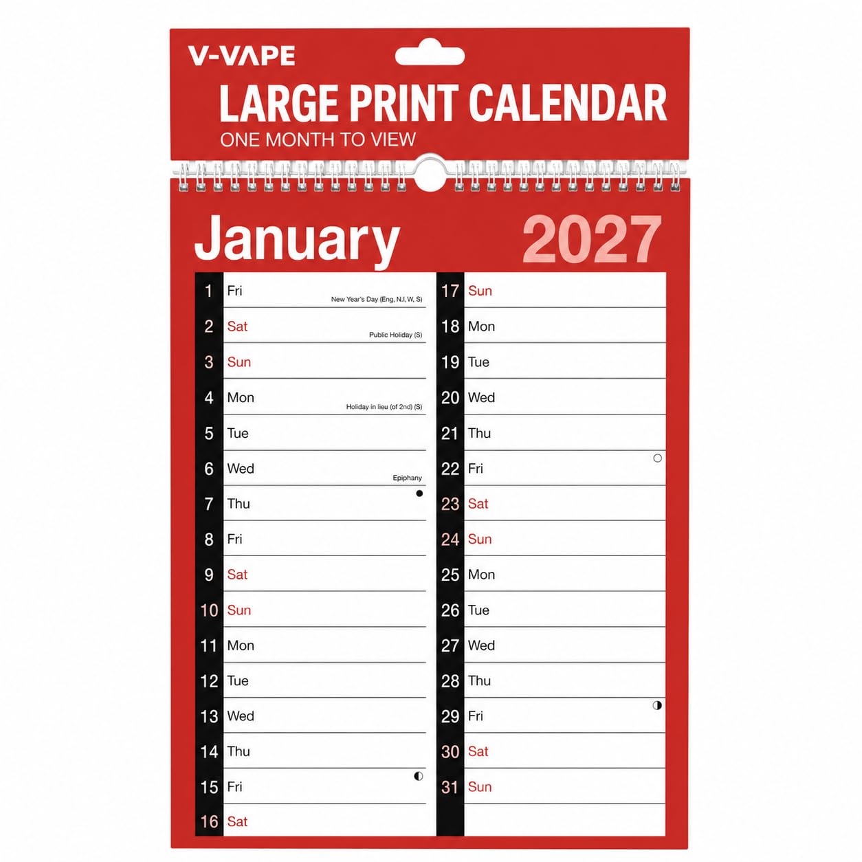 V-VAPE Large Print Wall Calendar 2027 | One Month to View | Large Writing Space 