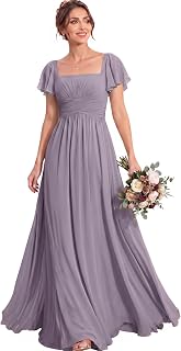MisShow Women's Flutter Sleeves Bridesmaid Dresses Square Neck Chiffon Maxi Dress A Line Formal Evening Gown