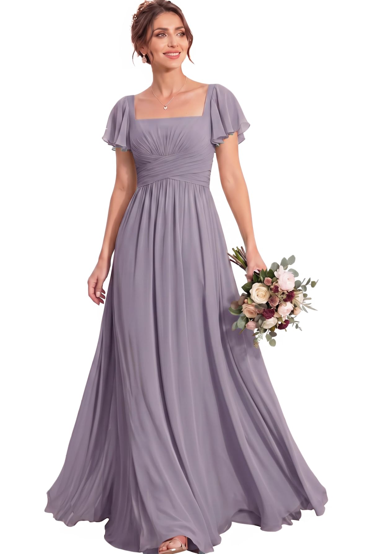 MisShow Women's Flutter Sleeves Bridesmaid Dresses Square Neck Chiffon Maxi Dres