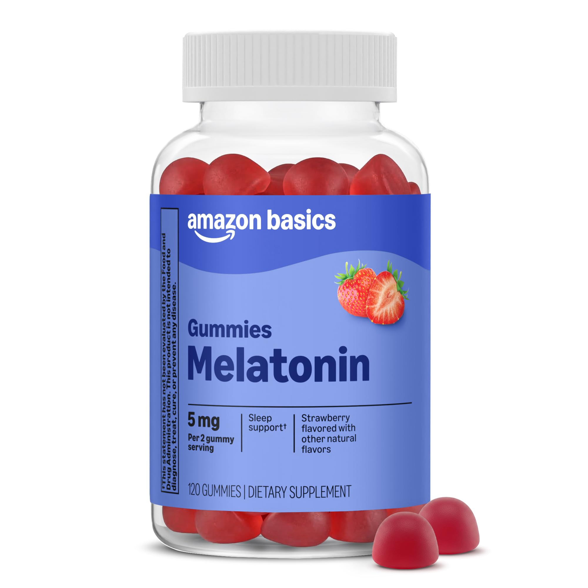Amazon Basics Melatonin 5mg, 120 Gummies (2 per Serving), Strawberry, Packaging 