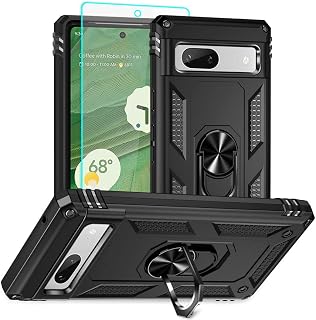 Auzuoton Google Pixel 7a Phone Case, Military Grade 16ft. Drop Tested, Rotable Kickstand, HD Screen Protector, Black