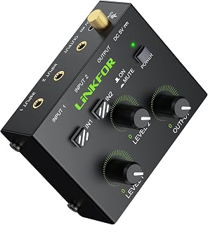 LiNKFOR 2 Channel Active Stereo Audio Mixer with 3.5mm & RCA Ports | Mini compact design, independent volume control for each channel, stable stereo audio input and output