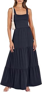 ANRABESS Women's Summer Casual Sleeveless Square Neck Swing Tiered Maxi Dress with Pockets