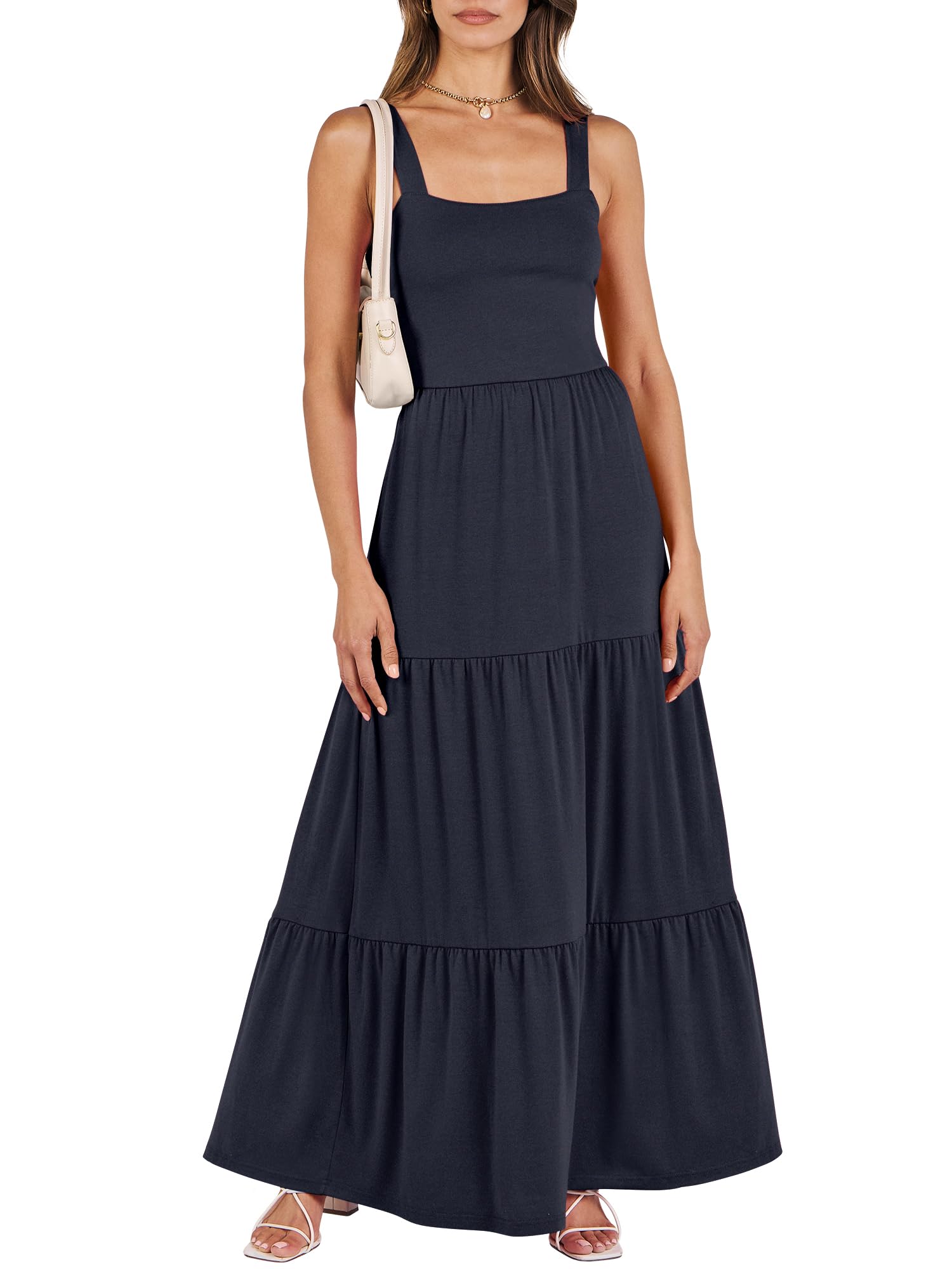 ANRABESS Women's Summer Casual Sleeveless Square Neck Swing Tiered Maxi Dress wi