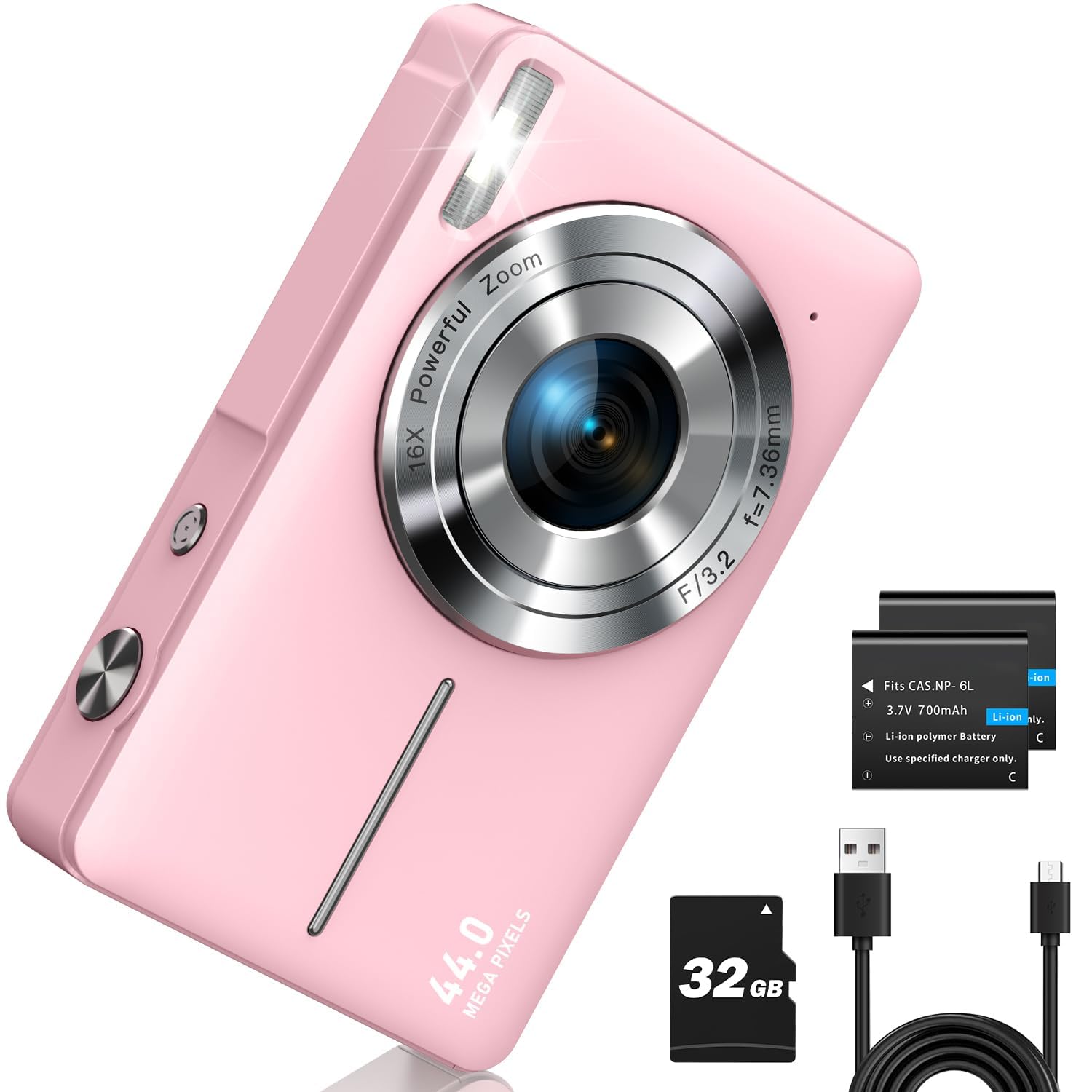1080P Digital Camera with 32GB Card, 16X Zoom and Flash Easy for Kids, Pink | Co