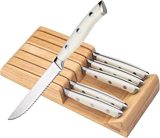 Alata 6-Piece White Steak Knife Set with Block, Serrated