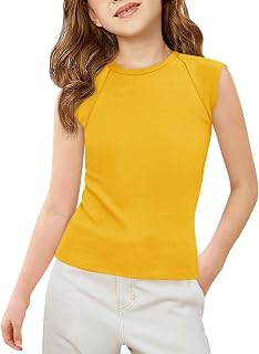Haloumoning Camisetas sin mangas para niñas, de punto acanalado, con manga casquillo, para verano, de 5 a 14 años