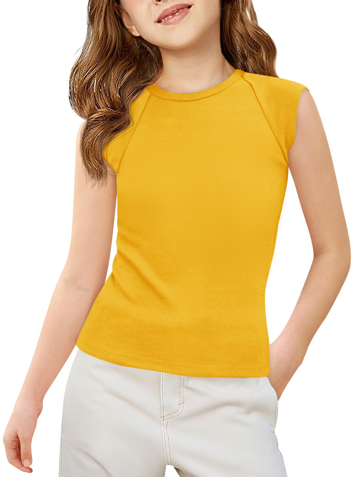 Haloumoning Camisetas sin mangas para niñas, de punto acanalado, con manga casqu