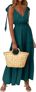 Prettygarden Maxi abito da donna con scollo incrociato primaverile, senza maniche, a balze, per la spiaggia con spalline a fiocco e punto smock, abito lungo plissettato, Blu e verde, L