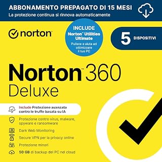 Norton 360 Deluxe 2026 + Utilities Ultimate | Antivirus 5 dispositivi | 50 GB backup | 15 mesi rinnovo automatico | 1 Utente | Codice d'attivazione via email”