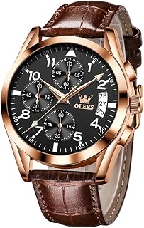 OLEVS Orologi da uomo in pelle marrone cassa oro analogico al quarzo moda business dress watch giorno data luminoso impermeabile casual orologio da polso maschile, oro rosa nero 2878, orologio da uomo