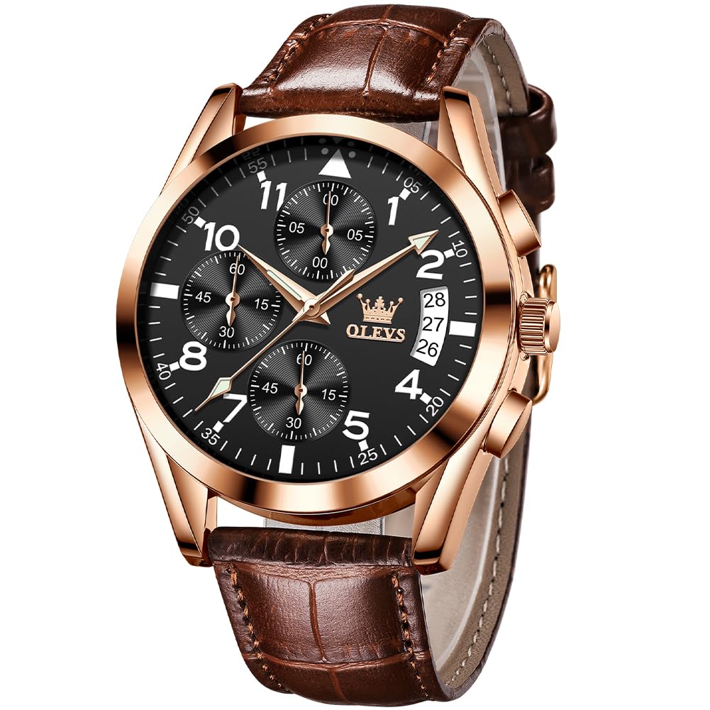 OLEVS Orologi da uomo in pelle marrone cassa oro analogico al quarzo moda busine