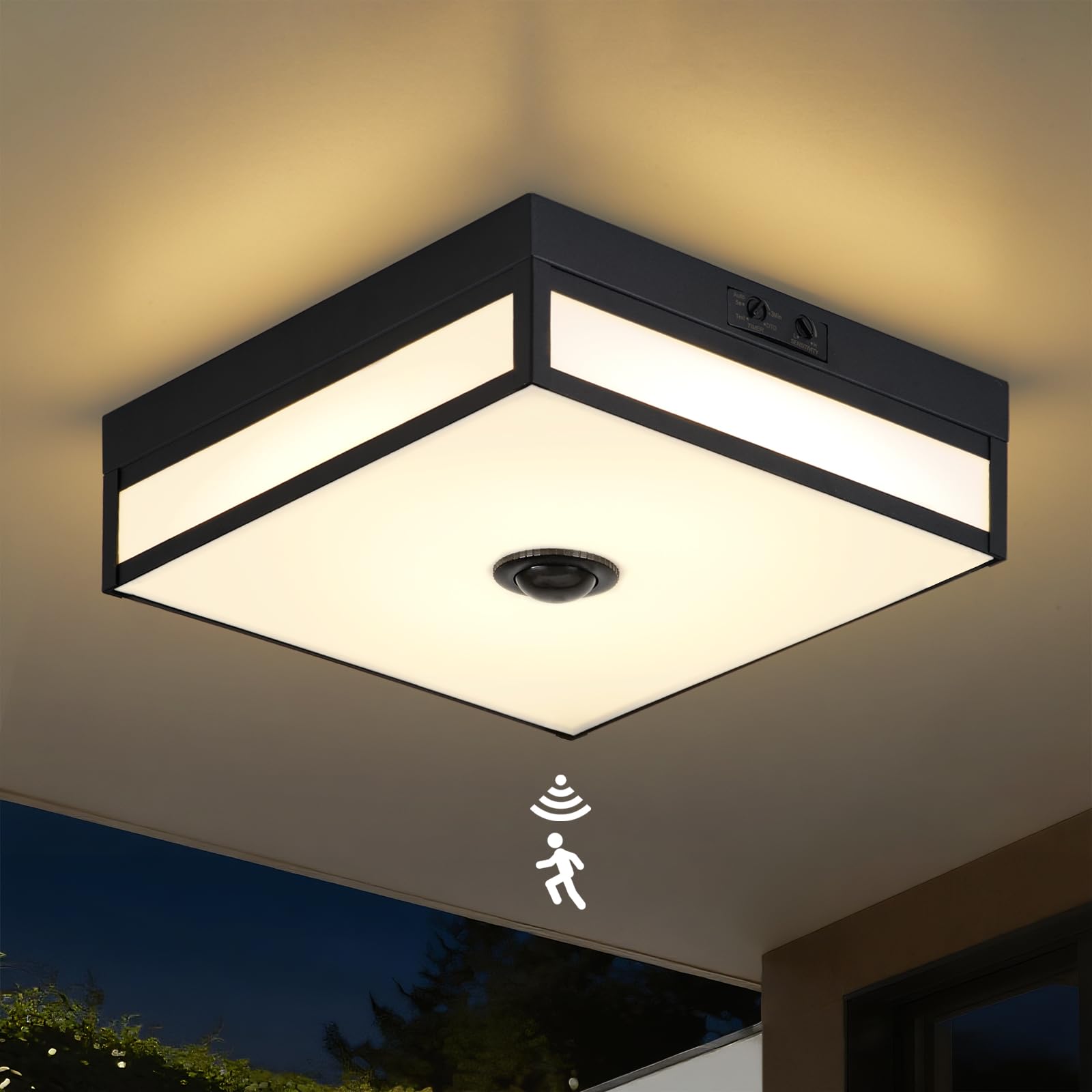 Motion Sensor Outdoor Light, Flush Mount Ceiling Fixture with 24W LED, Dusk to D