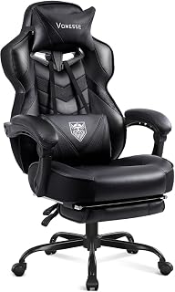 Vonesse Gaming Chair, Reclining Gaming Chairs with Footrest and Massage, High Back Gaming Chairs for Adults with Pocket Spring Cushion, Big and Tall Computer Chair with Lumbar Support (Black)